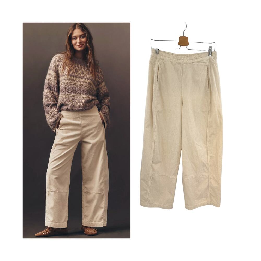 Anthropologie Pilcro Izzie Corduroy Pull On Barrel Pants Cream Ivory Size Small